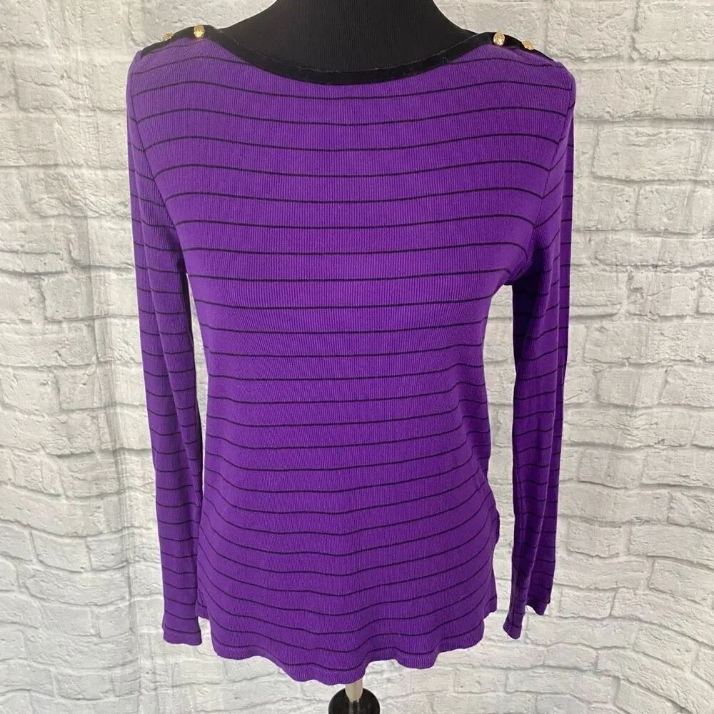 Ralph Lauren women L 100% cotton boatneck ribbed stripe Longsleeve top
